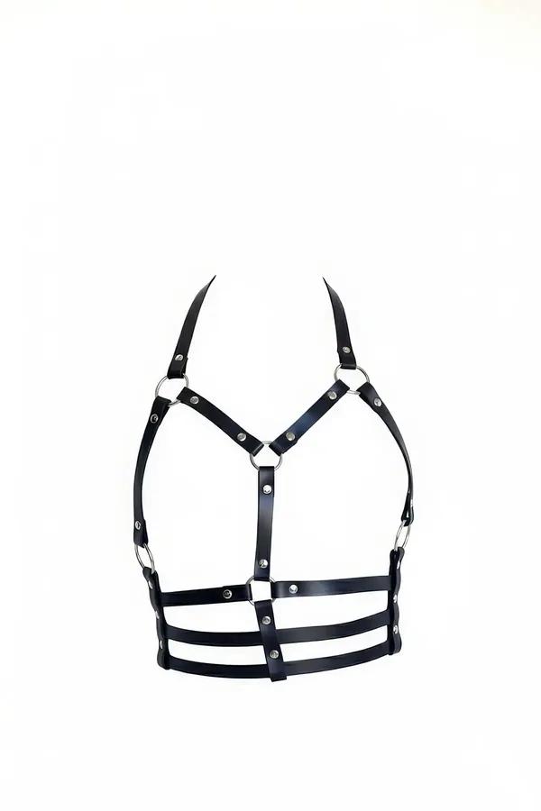 O-Ring Faux Leather Caged Chest Harness with Triple Straps