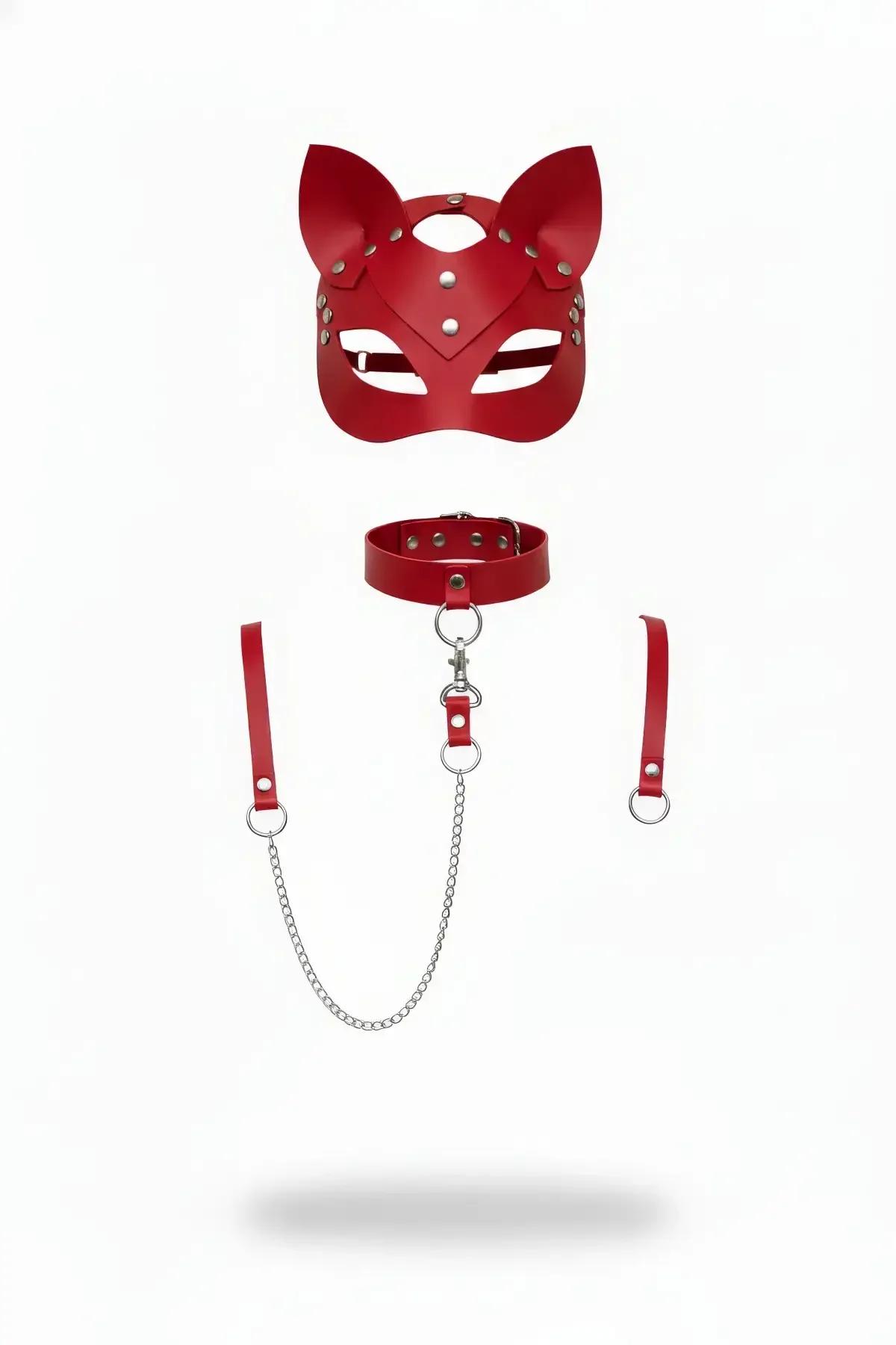 Red Cat Mask and Harness Set with Detachable Chain