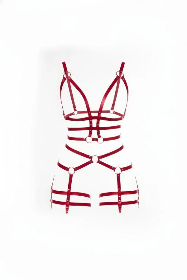 Red Faux Leather Body Harness - Adjustable Ring Detail