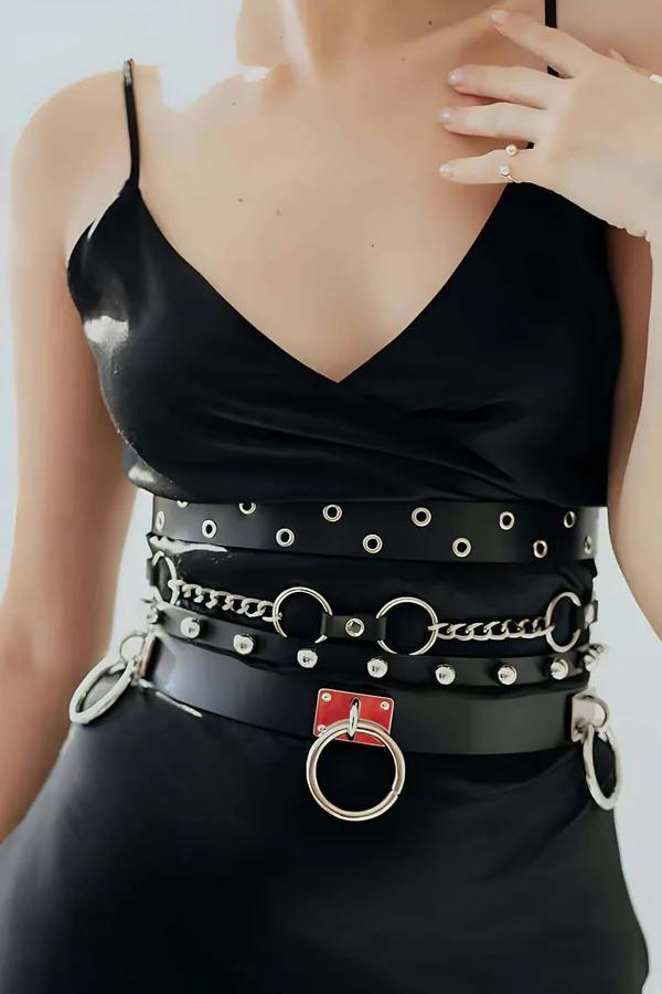Multi-Layer Chain & O-Ring Faux Leather Belt