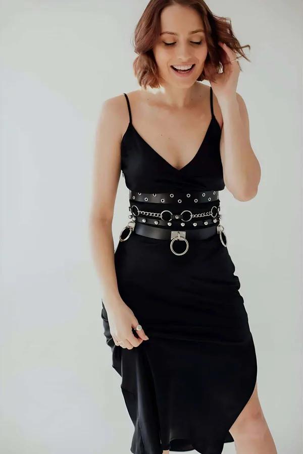 Multi-Layer Chain & O-Ring Faux Leather Belt
