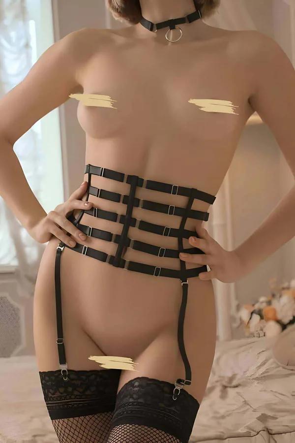 Elastic Caged Waist Harness with Garter Straps & Choker