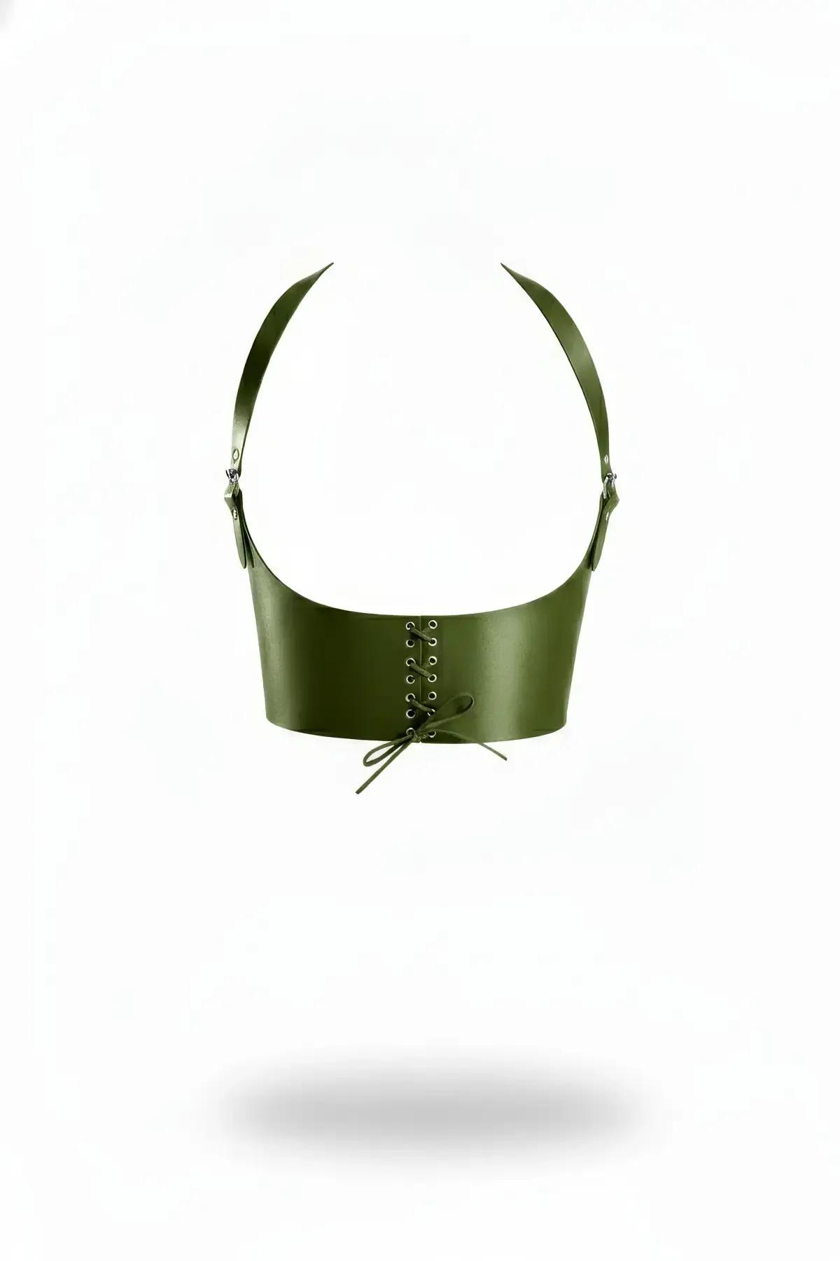 Olive Vegan Leather Underbust Harness with Front Lacing