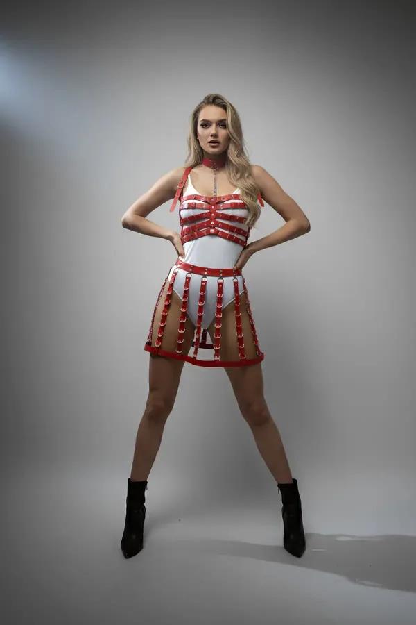 Red Faux Leather Cage Skirt Harness with O-Rings