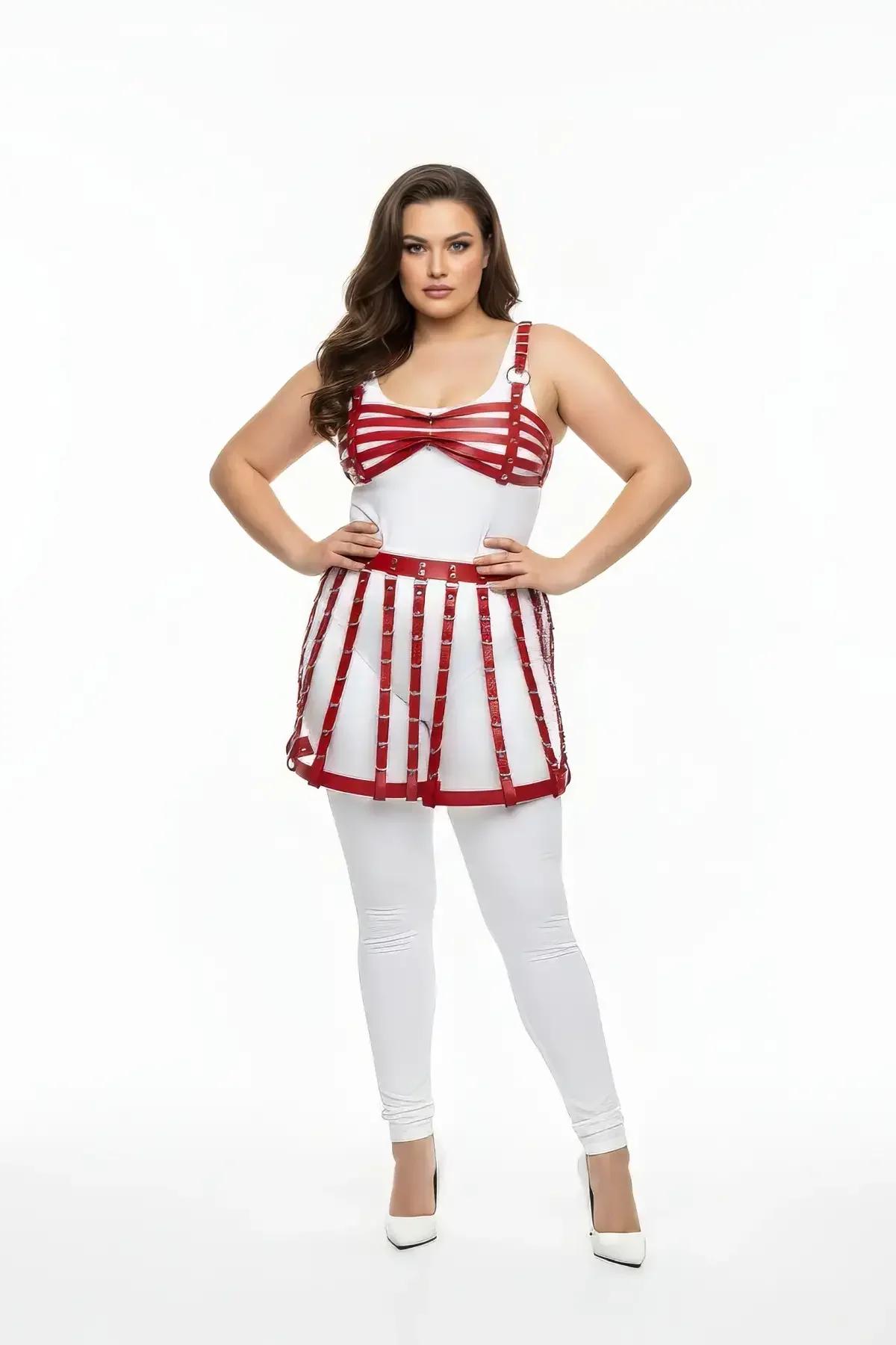 Strappy Faux Leather Cage Skirt & Bra Set