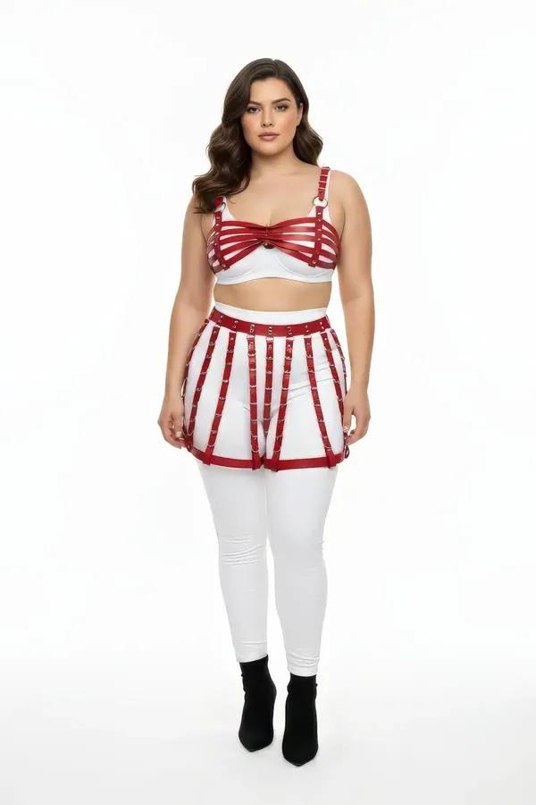 Strappy Faux Leather Cage Skirt & Bra Set