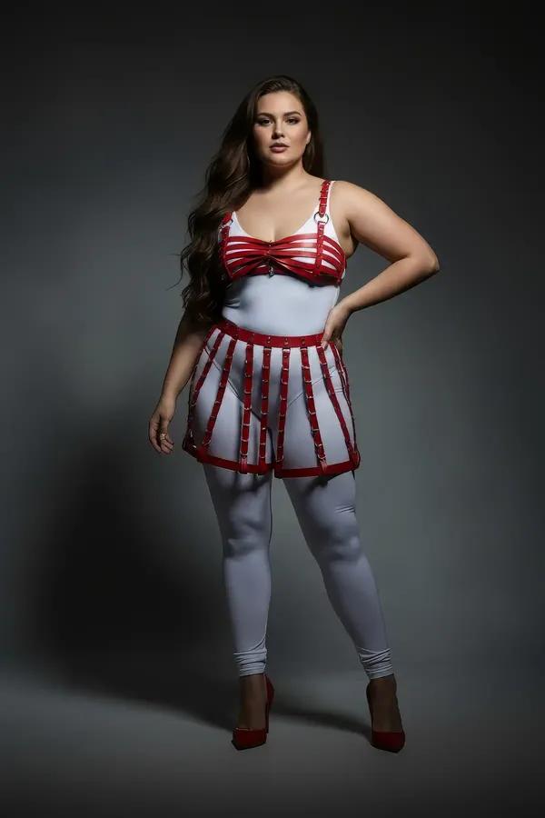Strappy Faux Leather Cage Skirt & Bra Set
