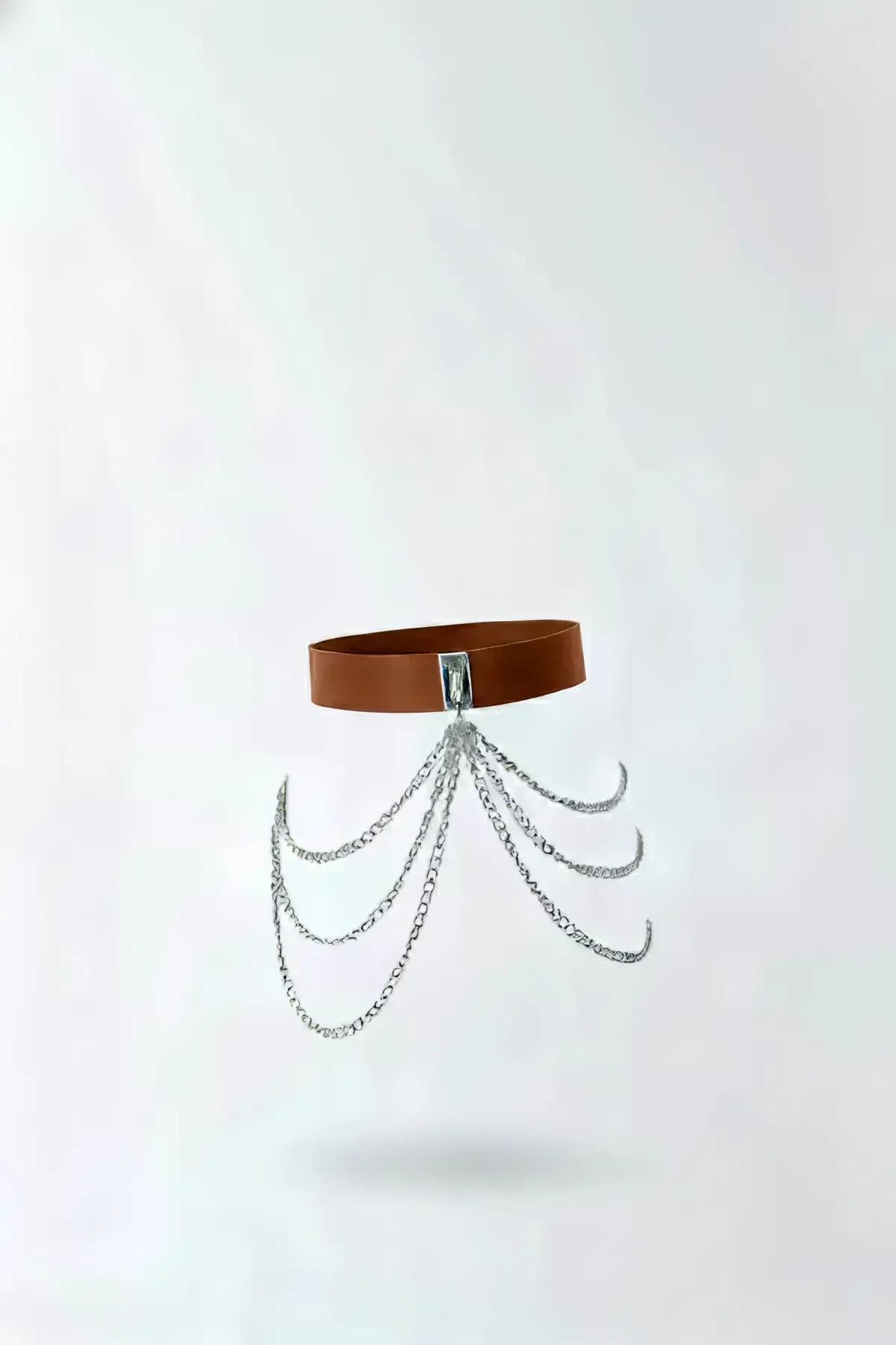 Tan Faux Leather Waist Harness with Draped Chains