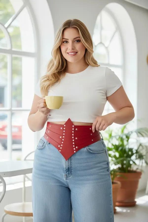 ខ្សែក្រវ៉ាត់ចង្កេះ Corset ពណ៌ក្រហមពីស្បែកសិប្បនិម្មិតដាំគ្រាប់ដែកពណ៌ប្រាក់រាងស្រួចកណ្តាលសម្រាប់នារី