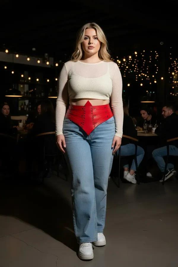 ខ្សែក្រវ៉ាត់ចង្កេះ Corset ពណ៌ក្រហមពីស្បែកសិប្បនិម្មិតដាំគ្រាប់ដែកពណ៌ប្រាក់រាងស្រួចកណ្តាលសម្រាប់នារី