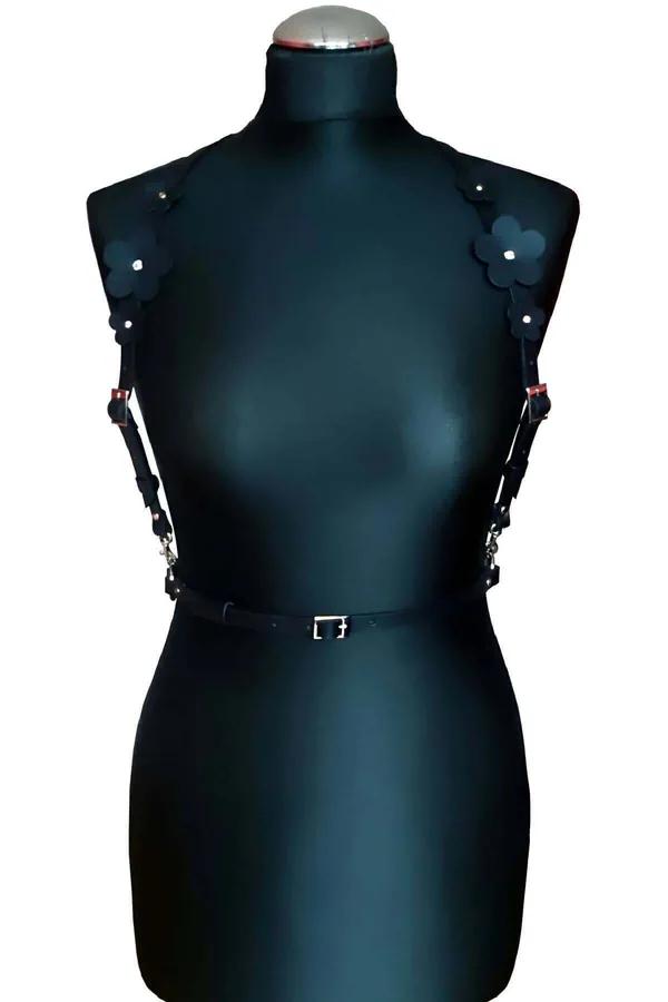 Chest Harness with Flower Details - Adjustable Black Leather Style
