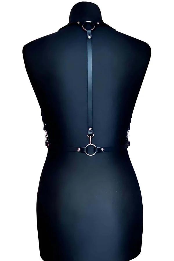 Chest Harness with Flower Details - Adjustable Black Leather Style