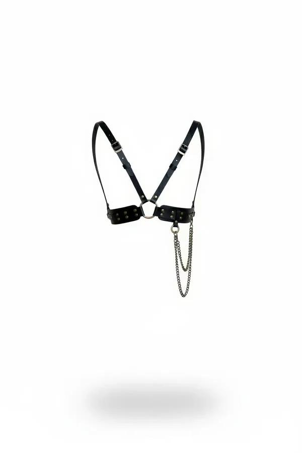 Studded Faux Leather Chest Harness with Draped Chain