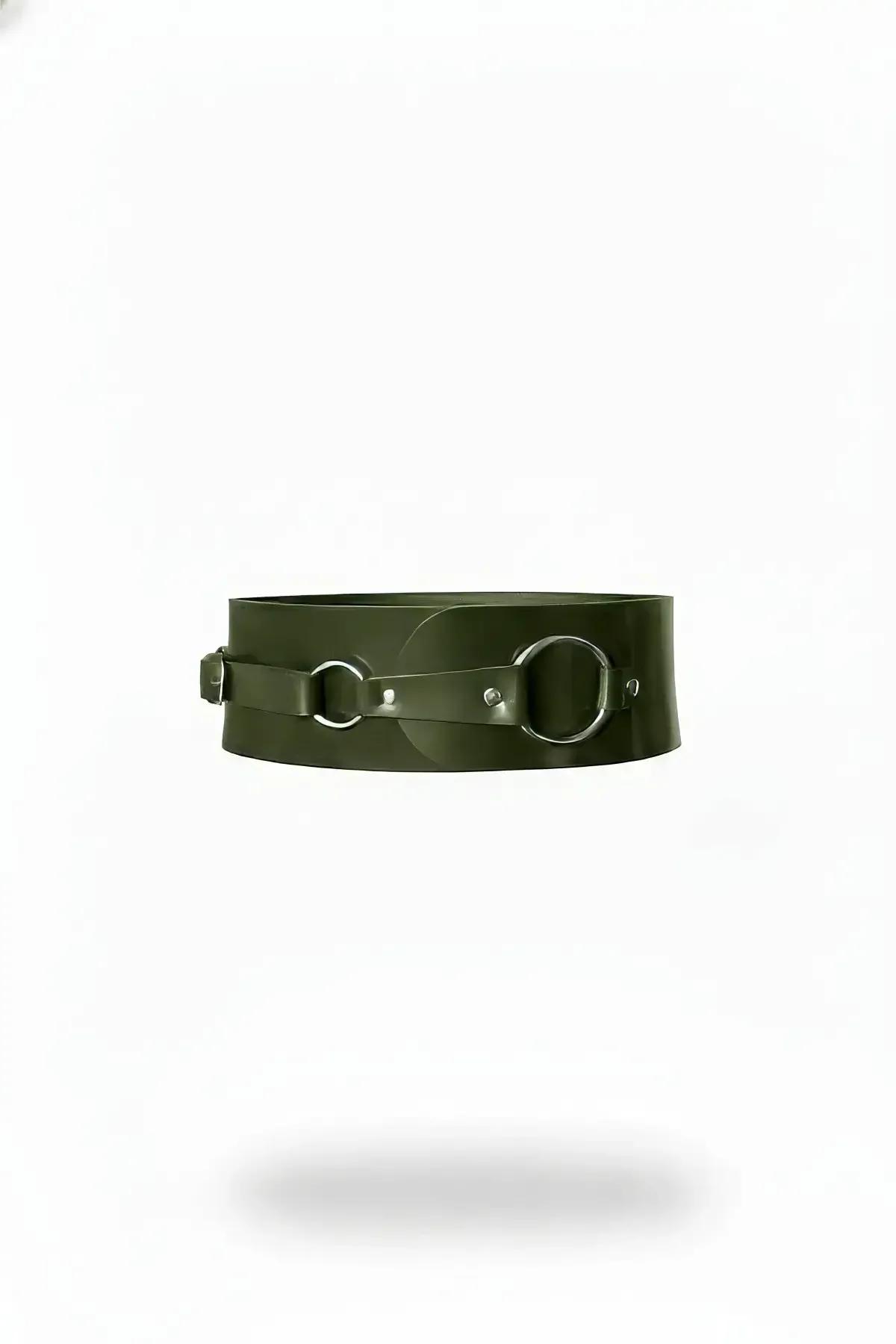 Wide Waspie Belt with Olive Green Vegan Leather & O-Rings