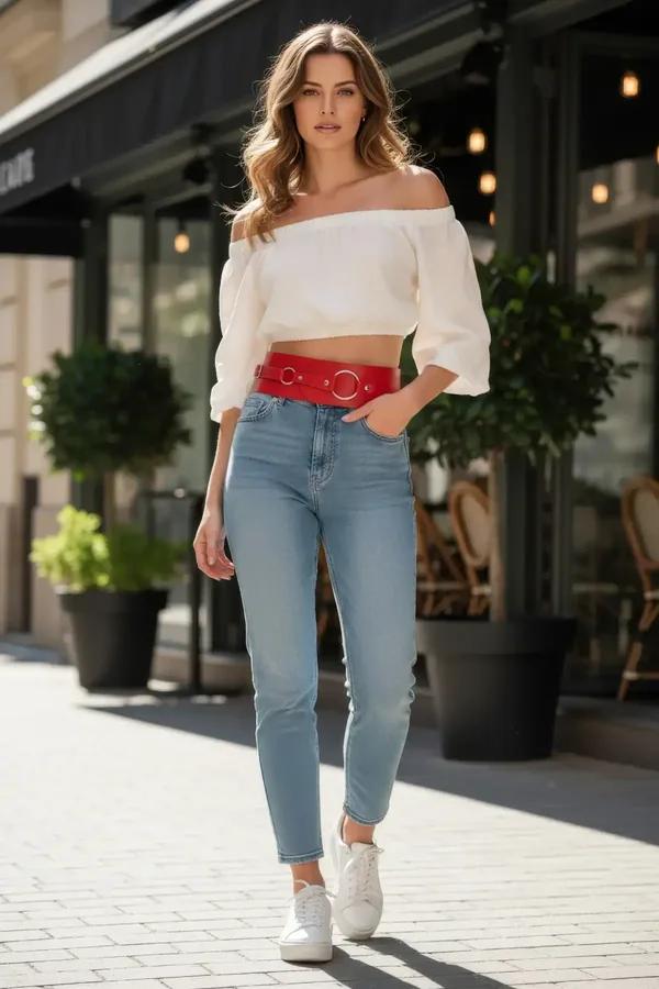 Wide Faux Leather Waspie Belt with Triple O-Rings