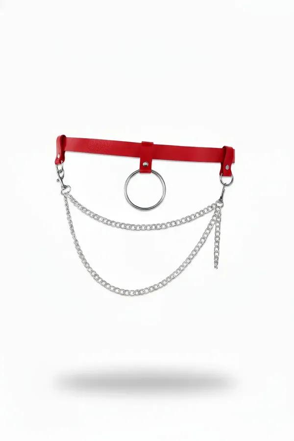 Red Faux Leather Waist Harness with Draped Chains