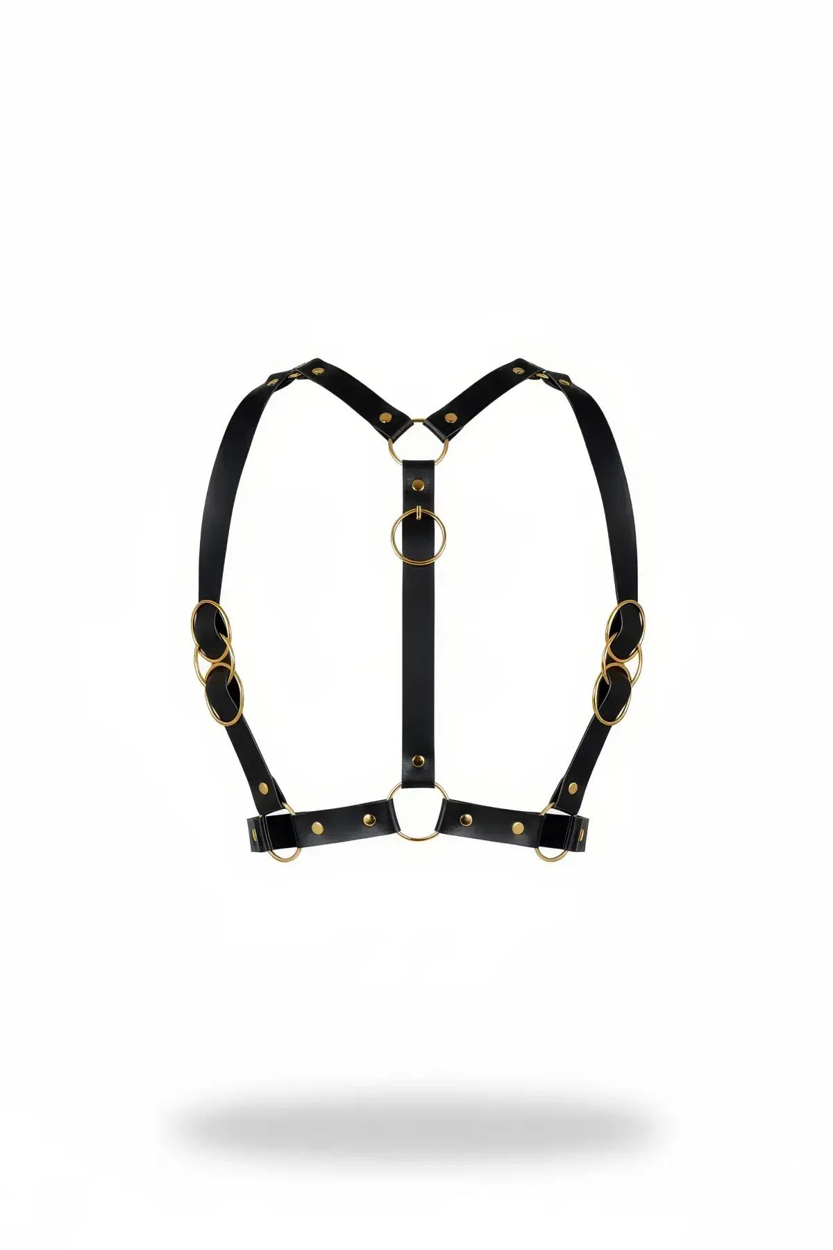 Faux Leather Chest Harness with Gold O-Rings