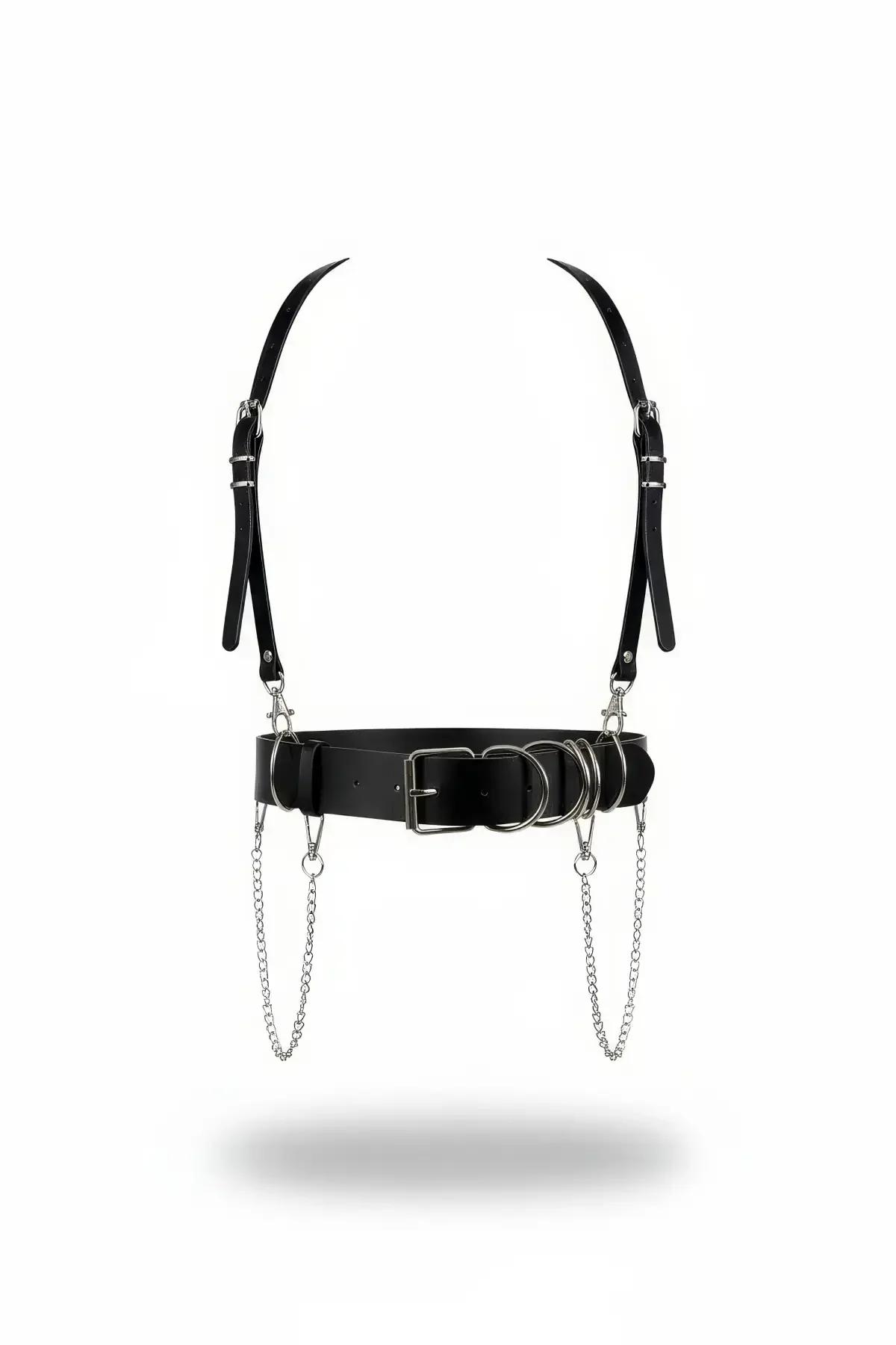 Faux Leather Body Harness with O-Ring Waist & Chains