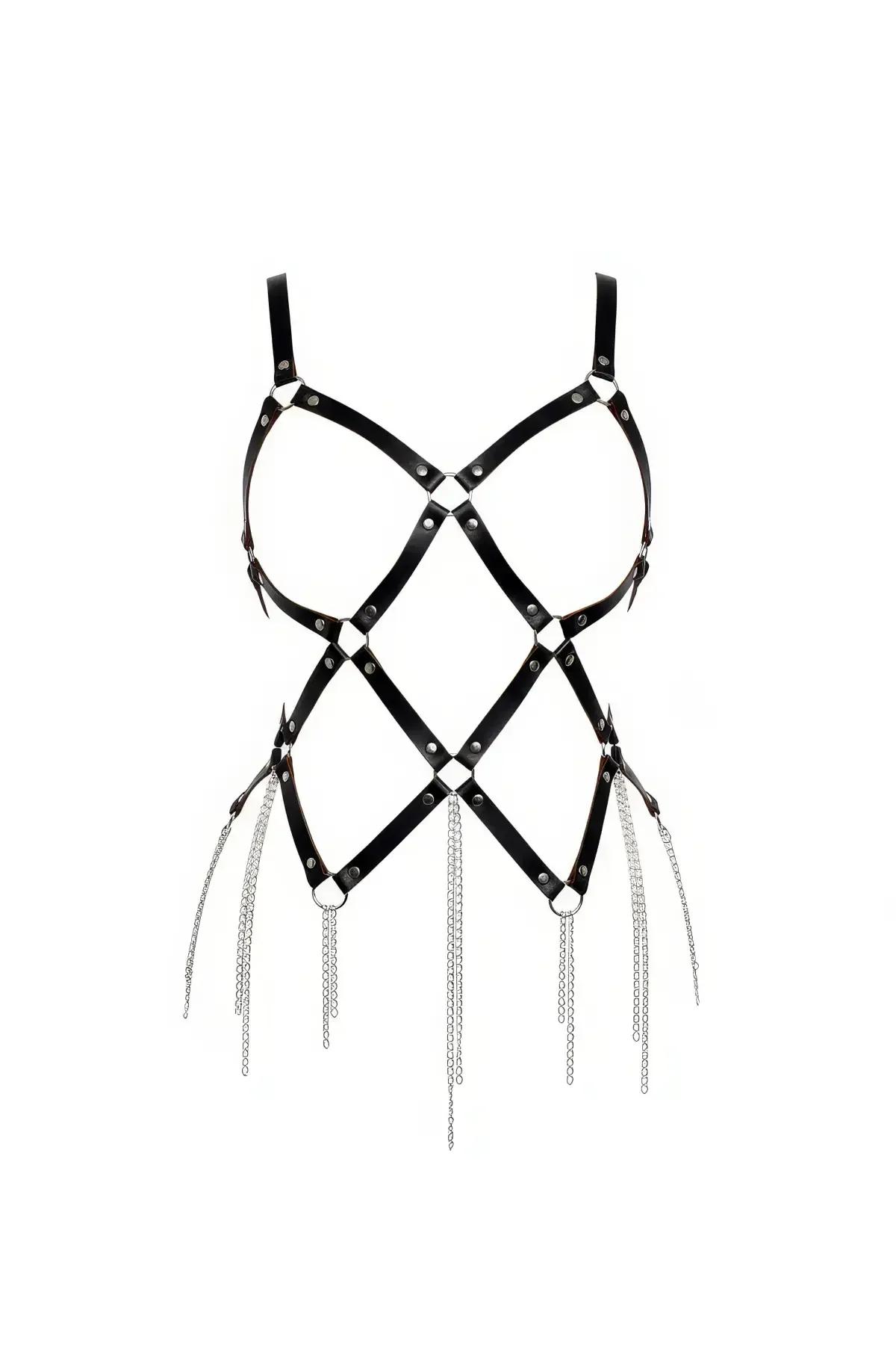 Body Harness: Adjustable Black Leather with Silver Chains