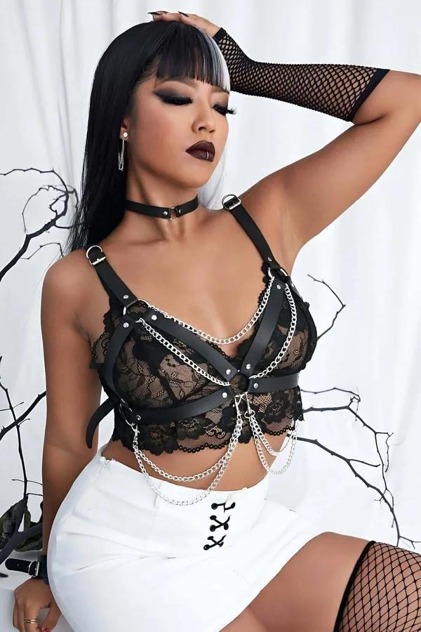 Adjustable Faux Leather Chain Chest Harness Set