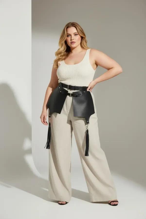 Faux Leather Waist Harness with Wide Skirt Panels & Tassels