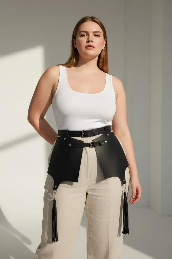 Faux Leather Waist Harness with Wide Skirt Panels & Tassels
