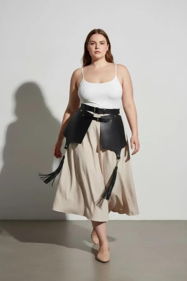 Faux Leather Waist Harness with Wide Skirt Panels & Tassels