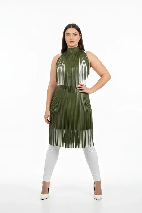 Olive Green Fringed Halterneck Vegan Leather Top