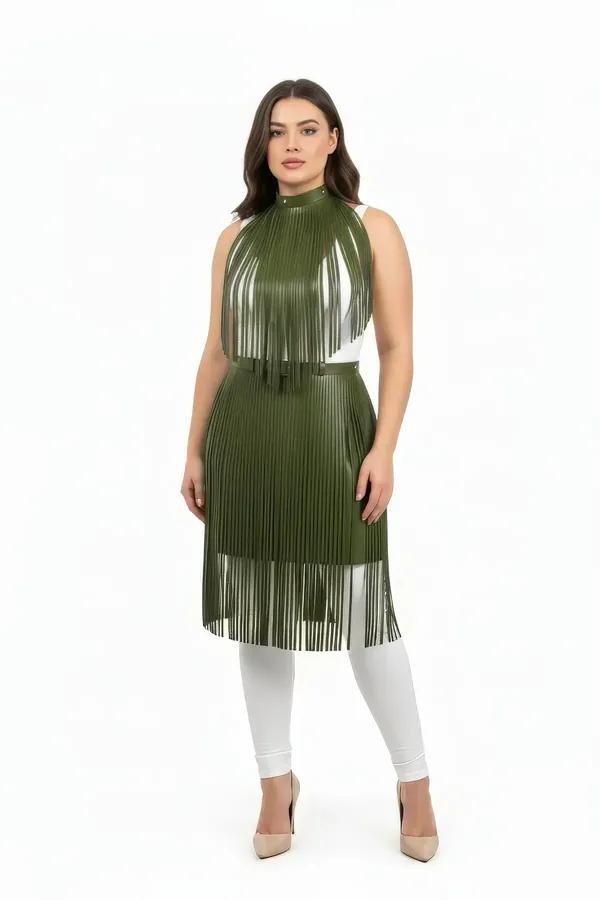 Olive Green Fringed Halterneck Vegan Leather Top