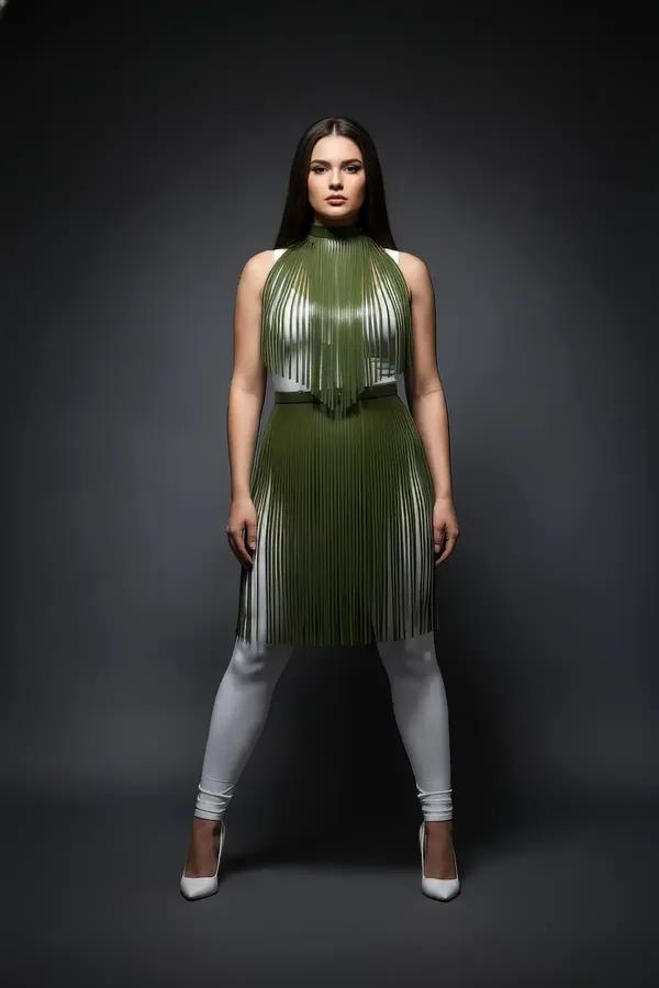 Olive Green Fringed Halterneck Vegan Leather Top