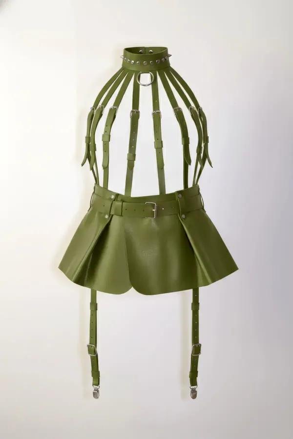 Olive Vegan Leather Cage Harness with Skirt