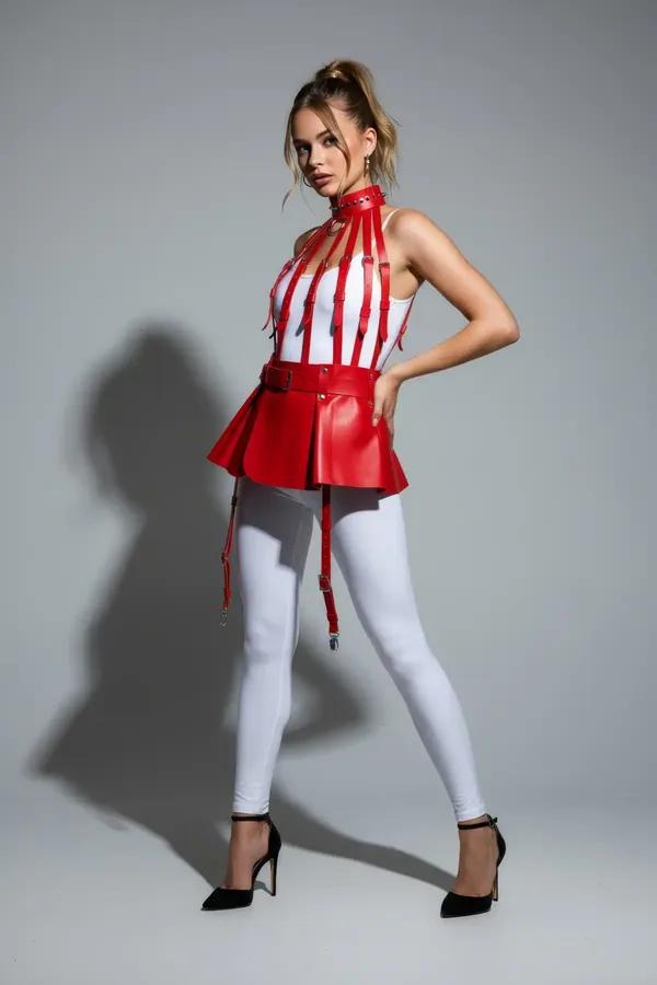 Red Faux Leather Harness with Flared Skirt