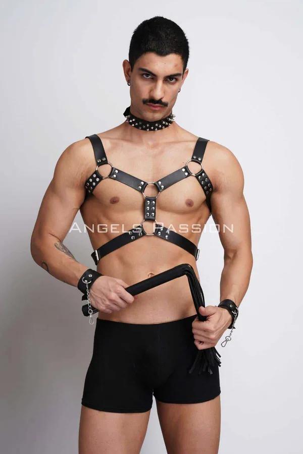 Strappy Chest Harness with Spiked Choker & Cuffs