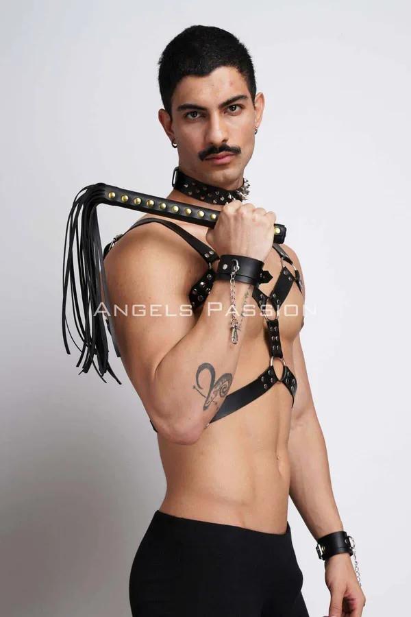 Strappy Chest Harness with Spiked Choker & Cuffs