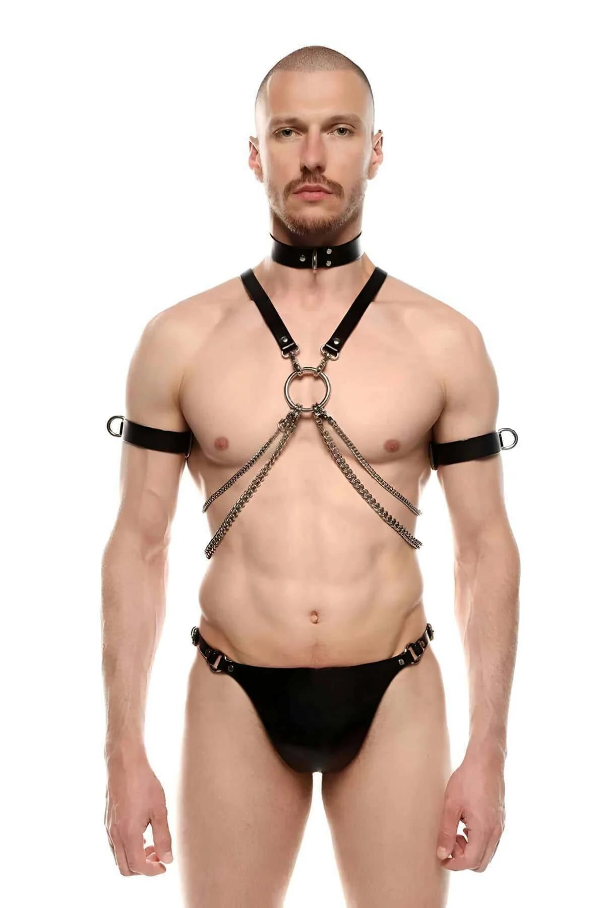 Men's Leather Harness with Chains and Adjustable Armbands
