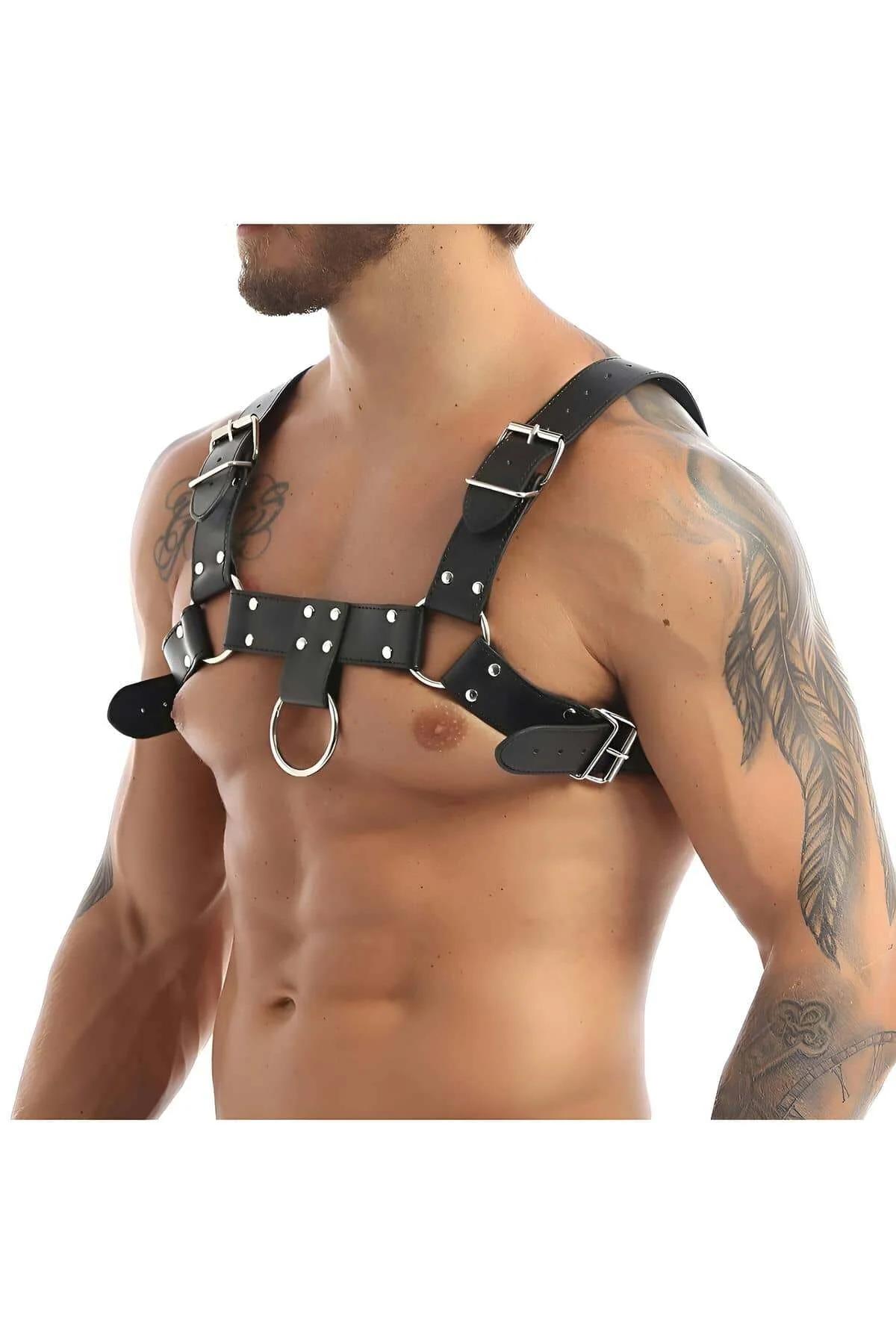 Men's Leather Harness with Adjustable Straps & O-Ring