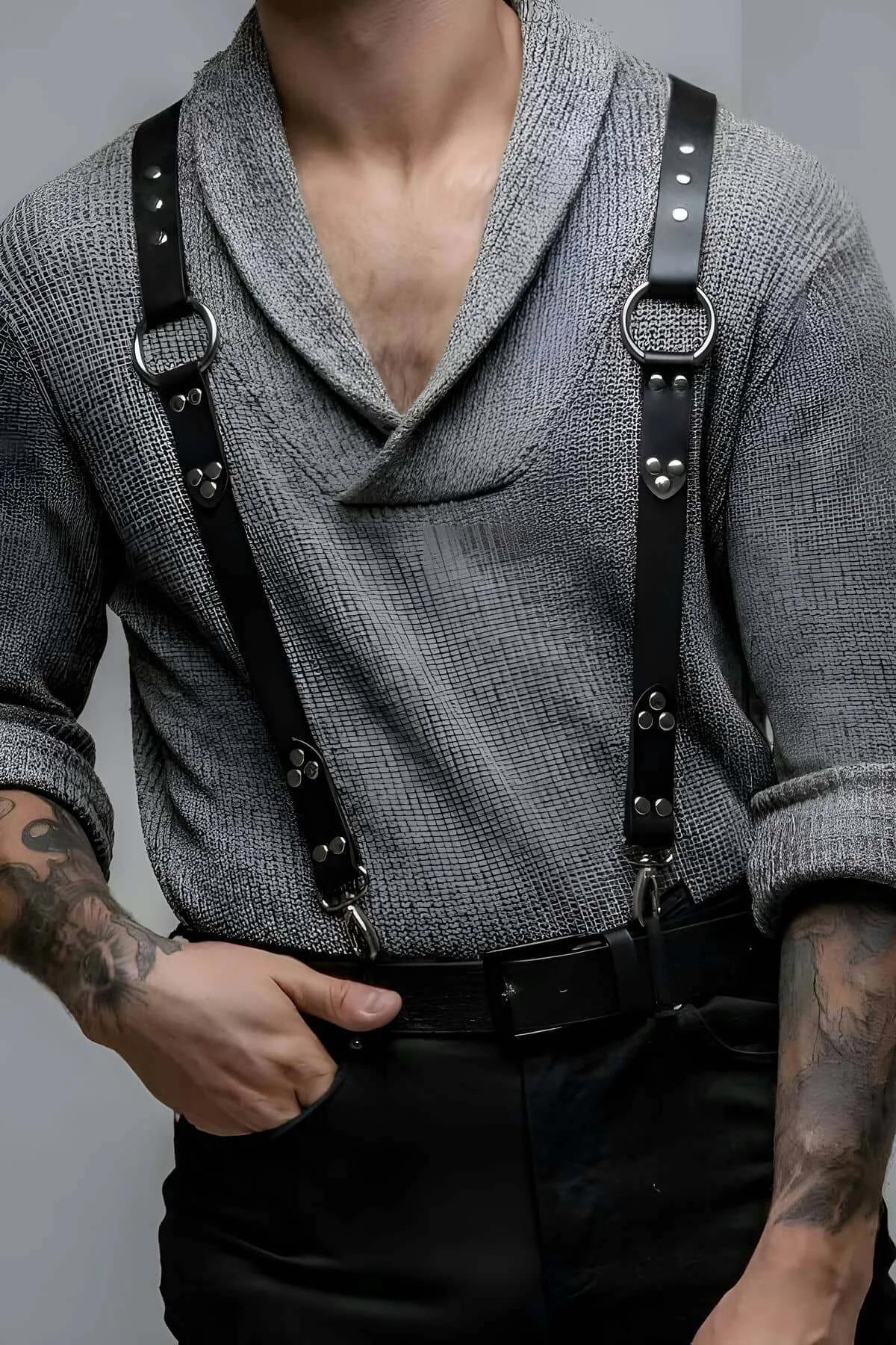 Men's Leather Suspenders: Adjustable Style Harness for Trousers