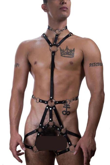 Mens Leather Body Harness with O-Rings and Adjustable Straps