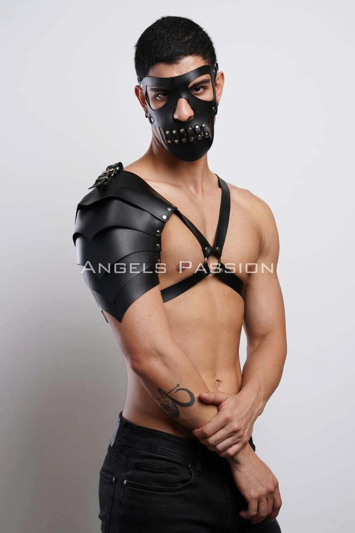 Mens Leather Harness Mask with Shoulder Armor & Studs