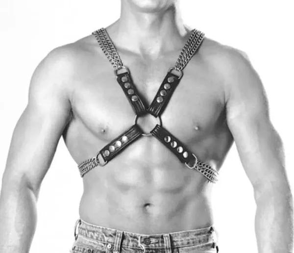 Mens Leather Chest Harness with Durable Chain Detail