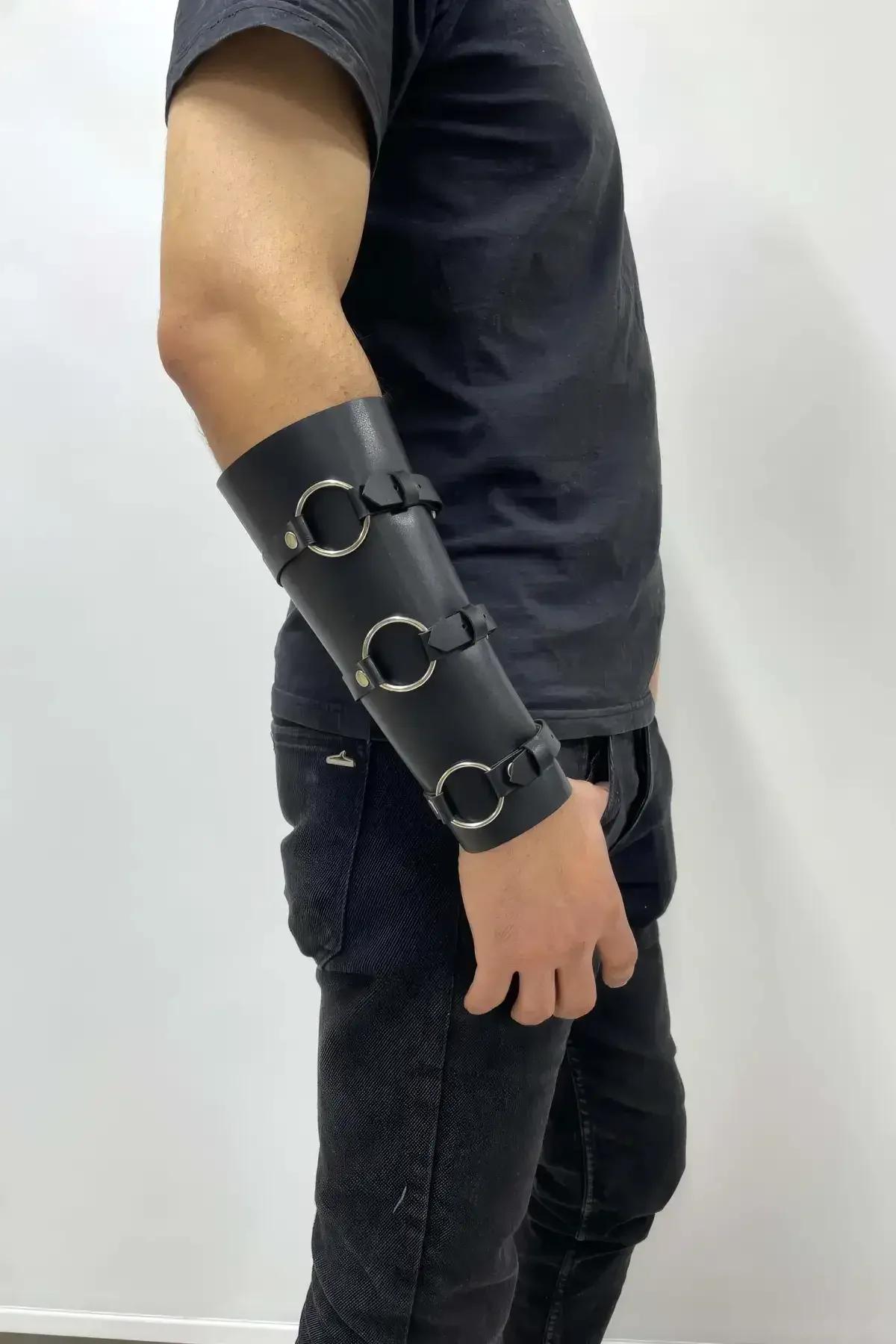 Men's Leather Arm Harness Cuff with Adjustable O-Rings