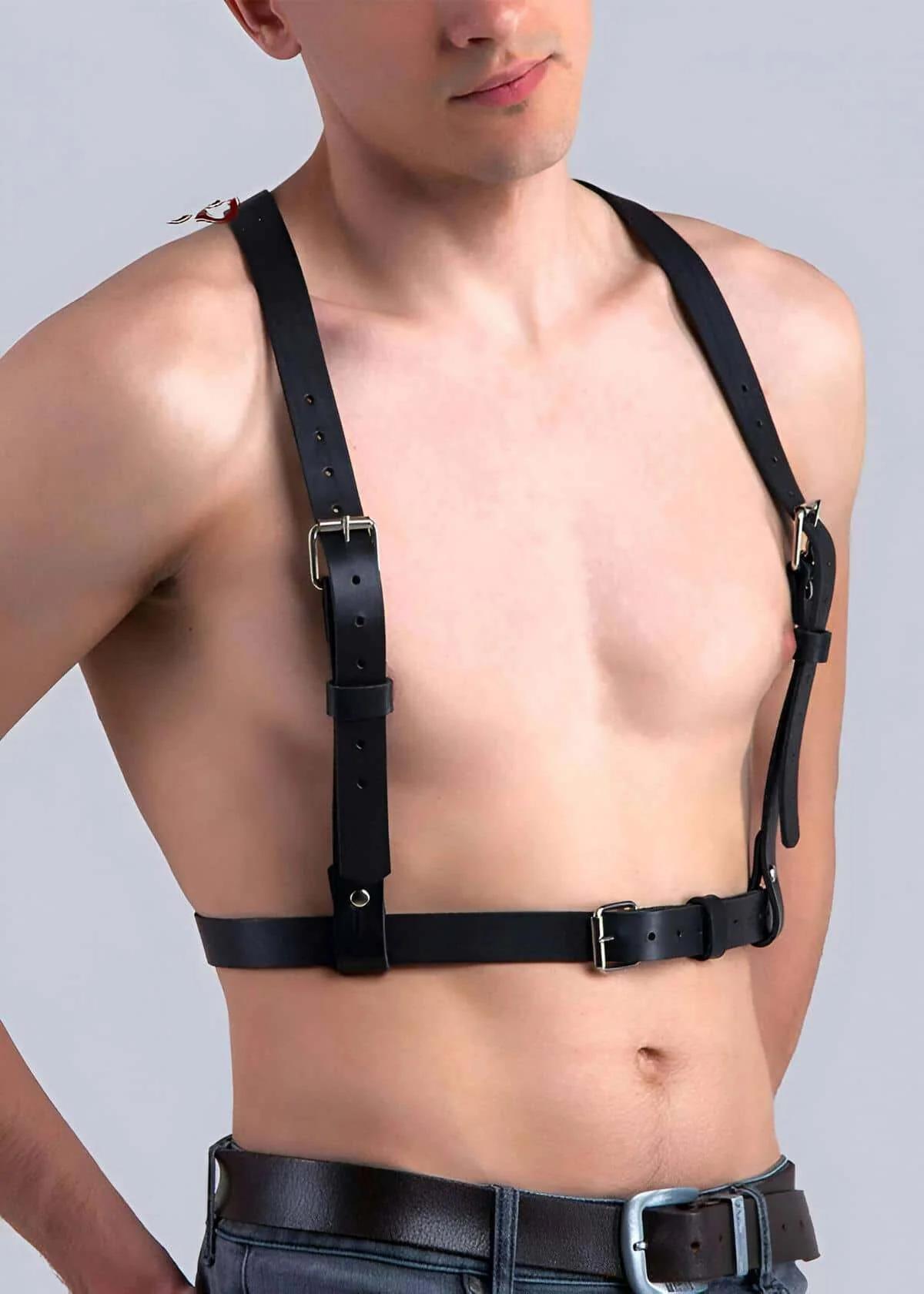 Men's Adjustable Leather Body Harness with Gold Buckles