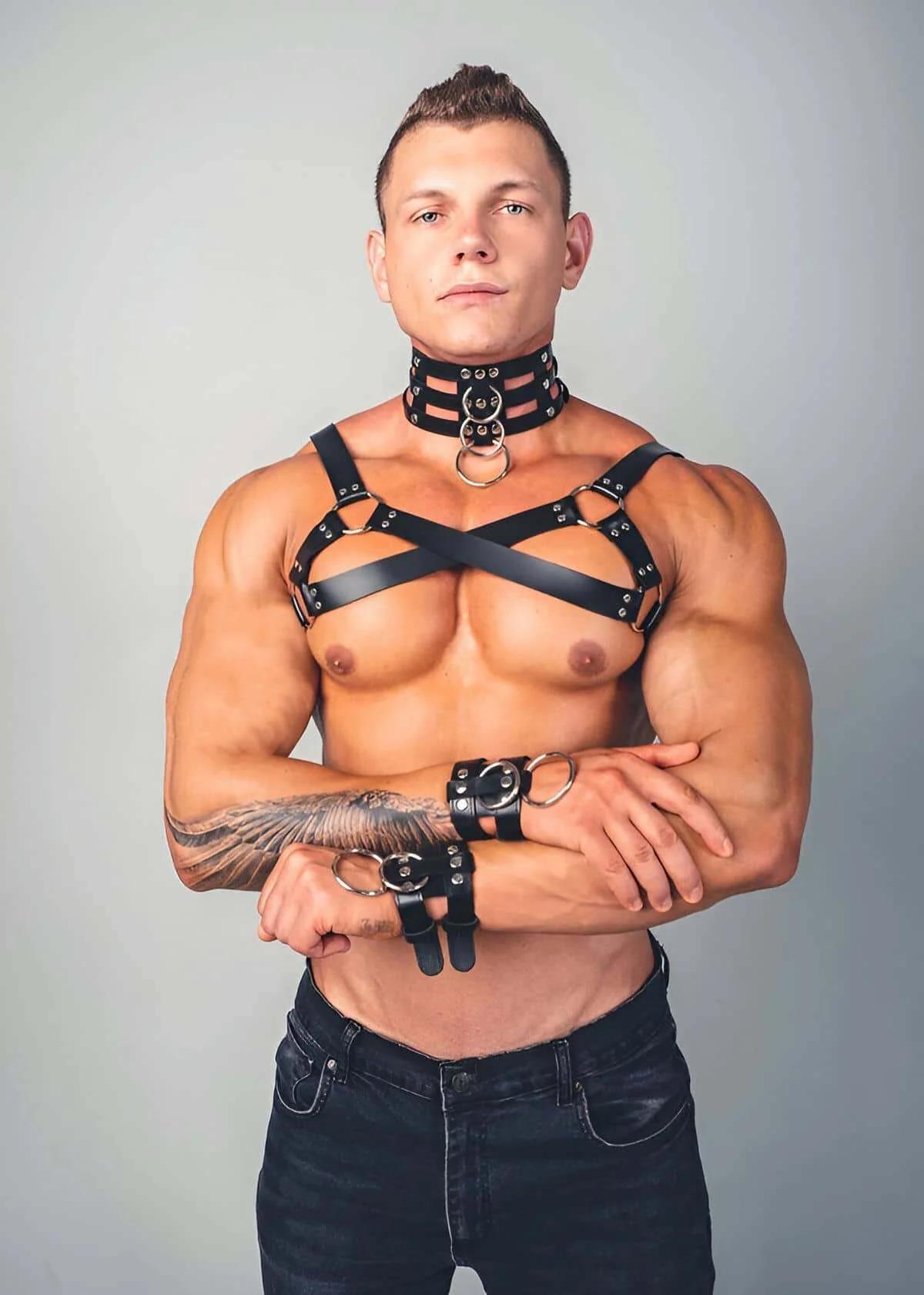 Men's Leather Harness with Collar & Cuffs Set - Adjustable Body Chest