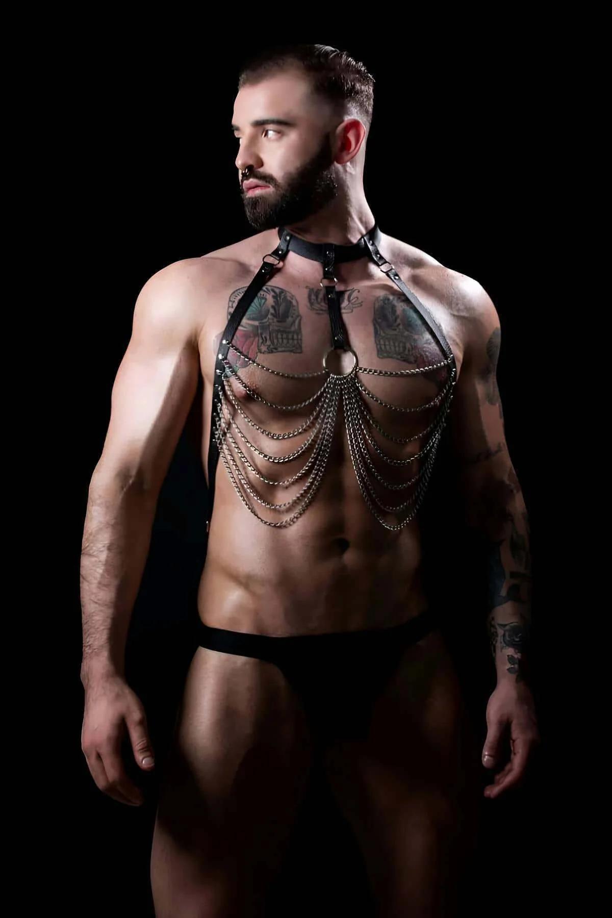 Mens Leather Harness - Chained Chest Body Harness Adjustable