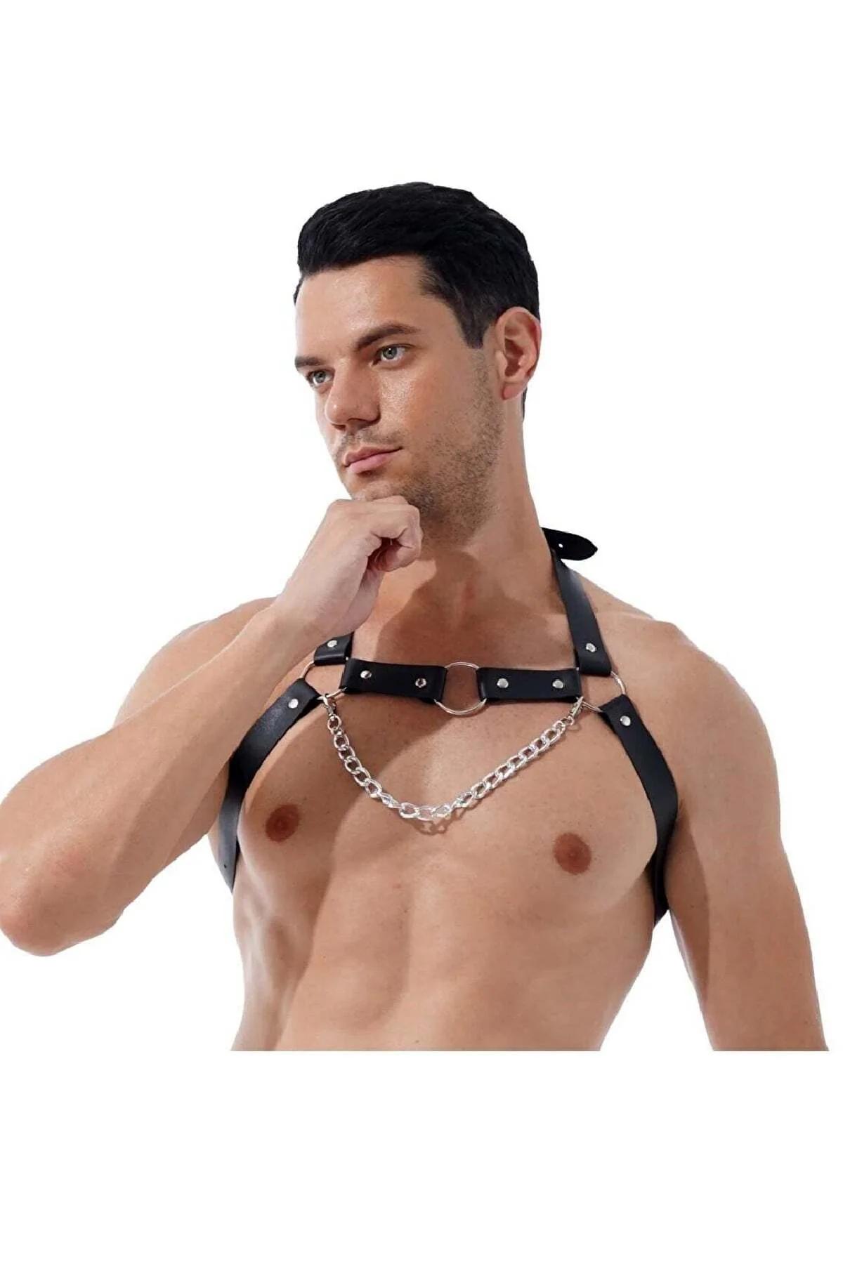 Men's Leather Harness with Chain - Adjustable Chest Body Gear