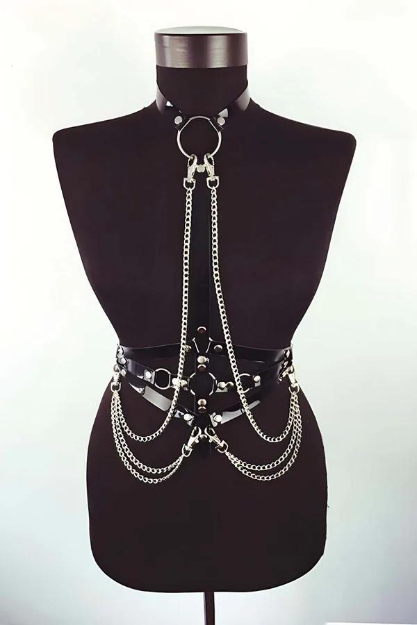 Black faux leather body harness with silver O-ring collar and three draped chain tiers on mannequin