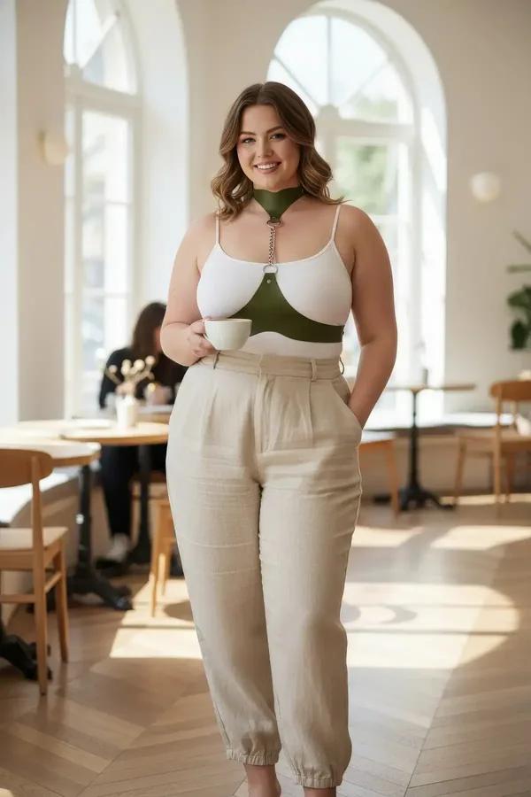 haki vegan deri büyük beden harness choker yakalık ve göğüs şeridi gümüş zincirli kadın vücut aksesuarı