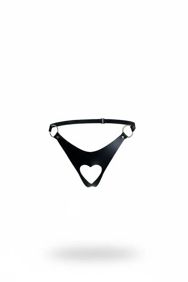 Black faux leather thong harness with heart-shaped cut-out front panel and silver O-rings on white background