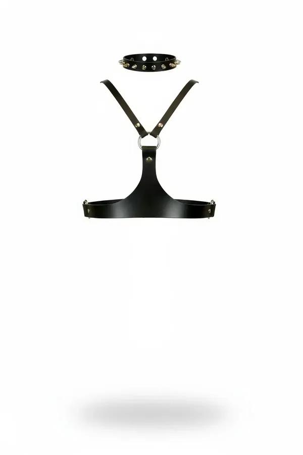 siyah PU deri zımbalı choker ve O-halkalı göğüs harness vücut aksesuarı seti, gümüş metal aksamlı