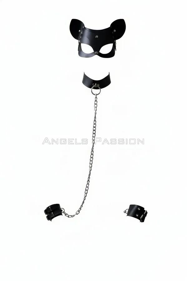 siyah suni deri kedi kulaklı göz maskesi choker ve zincirli bileklik kelepçe 3 parça takım